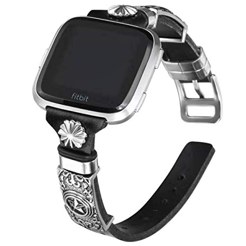 Somoder Slim Leather Bands Compatible with Fitbit Versa 2/Fitbit Versa/Versa Lite & SE, Vintage Genuine Leather Band with Fashion Decorative Accessories for Women Man