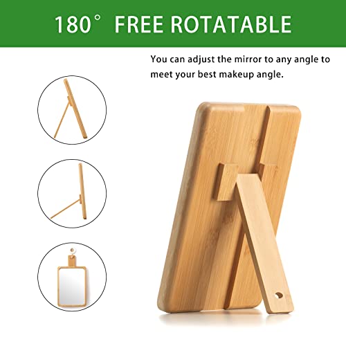 Jasefa Natural Bamboo Desk Table Mirror, Folding Makeup Mirror With Handheld/Stand,Portable Small Desktop Cosmetic Mirror Good For Travel, Cosmetic, Office,6.5" W X 9.1" L #TOP1