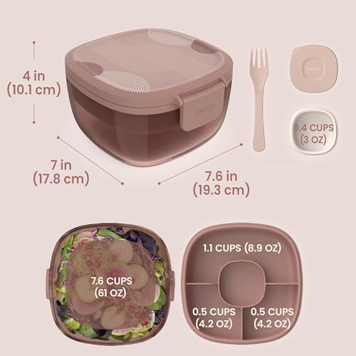 Image of Bentgo Glass Salad Container, 7.6-Cup, 4-Compartment Tray, Reusable Fork