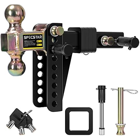 SPECSTAR Adjustable Trailer Hitch, 6-Inch Rise/Drop Steel Drop Hitch, 2 & 2-5/16 Inch Ball Fits 2-Inch Receiver 15,000Lbs GTW Tow Hitch with Double Stainless Steel Locks Cover