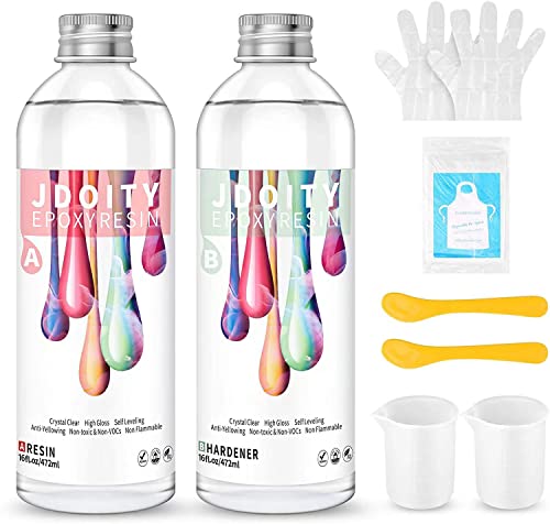 JDOITY 32oz Crystal Clear Epoxy Resin Kits Casting and Coating for Art, Jewelry, DIY, Craft by 1:1 Ratio with Silicone Measuring Cups, Stir Sticks, Gloves and Apron