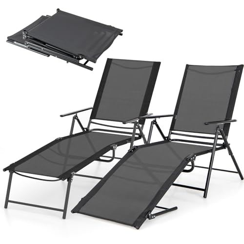 Giantex Lounge Chair Outdoor Set of 2 - Tanning Chair with 6 Adjustable Backrest, 2-Level Footrest, Folding Sunbathing Lounger for Patio, Poolside, Yard, Chaise Lounge Chair, Beach Chair (Black)