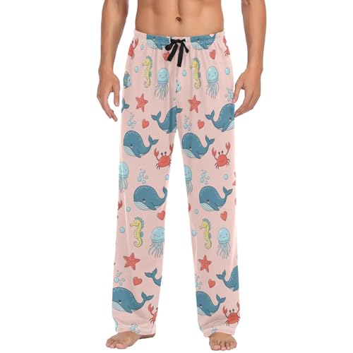 Cute Sea Animals Whales Lounge Pants Men with Pockets Drawstring Stretch Comfortable Men's PJ Bottoms S