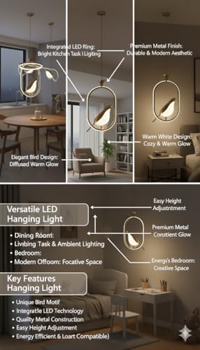 Image of Premium Modern LED Hanging Light - Decorative Golden Pendant Ceiling Lamp for Living Room, Bedroom, Dining Hall & Office | Stylish Bird Hanging Ceiling Light for Home Decor (Medium)