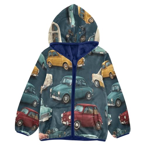 Retro Cars Pattern Print Design Toddler Fleece Jacket Girl Boys Hooded Fleece Jacket Coat Warm Outwear Zip-up 3-10T