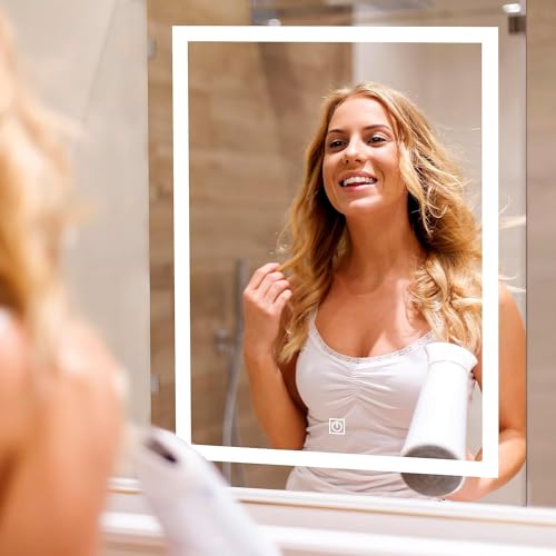 Image of MIRROR WORLD Wall-Mounted led Mirror Glass Bathroom and Bedroom Home Decor Designer Mirror for Bedroom, Living Room, Dressing Room, Hall, wash Basin, Rectangular Shape, 3 Color Light mirror-18x24.