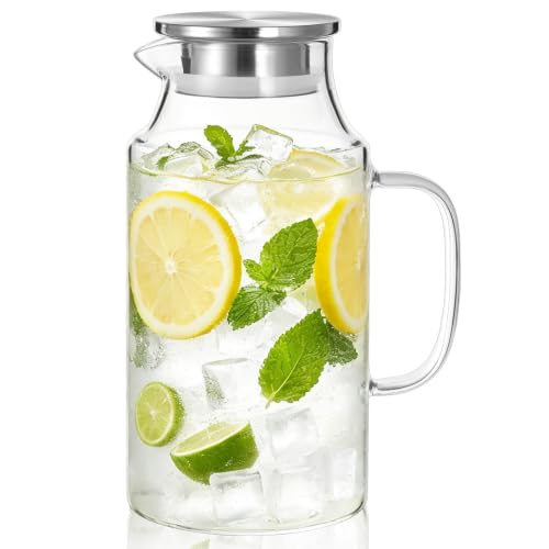 Image of Bivvclaz Short 67.6 oz Glass Pitcher with Lid and Handle, Glass Carafe for Hot /Cold Water, Iced Tea Pitcher for Coffee, Juice and Homemade Beverage