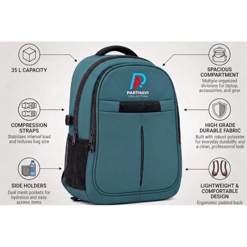 Image of Laptop Backpack for Men & Women | Durable Polyester Office, College & School Backpack | Lightweight Travel Bag with Spacious Compartments, Side Pockets & Compression Straps |