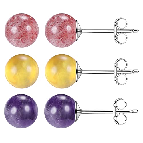 Aoedej 3 Pairs Natural Stone Earrings Sterling Silver Post Gemstone Ball Earrings Studs Purple Crystal Earrings For Women Girl (Style 1) #TOP27