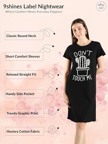 Image of 9shines Label Hosiery Cotton Knee Length Short Night Dress | Short Nighty for Women with Pocket | Graphic Print Nightwear | Night Gown for Women (M-7XL)