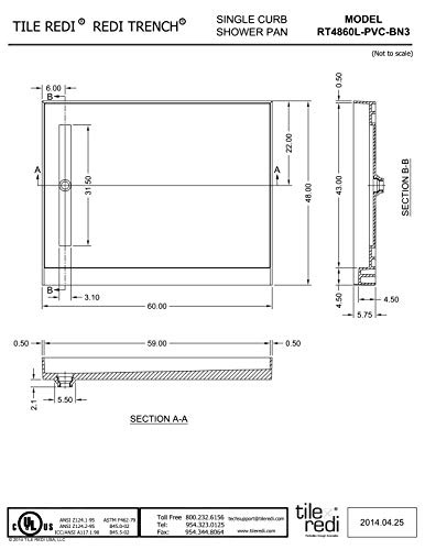 Tile Redi Rt4860L-Pvc-Bn3 Shower Pan With Left Drain- Single Curb Shower Base, 2" Pvc Drain, And Grate Included, 60" Width X 48" Depth #TOP5
