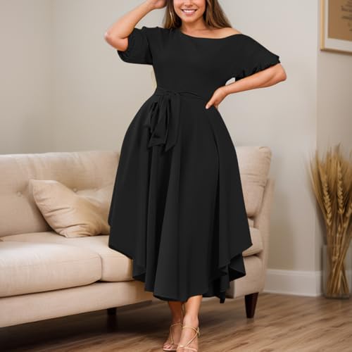 Plus Size Women Wedding Guest Dress Off Shoulder Boat Neck Irregularly Flowy Midi Church Dress3