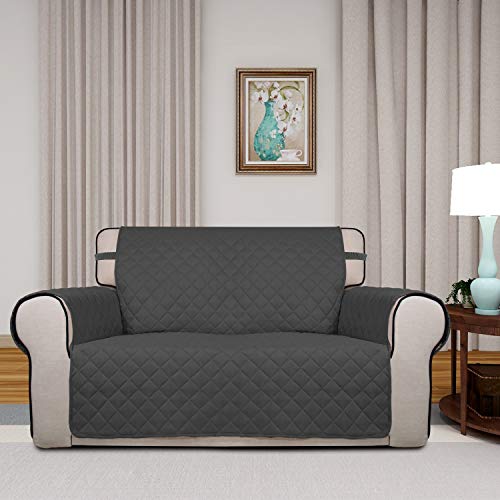 Image of PureFit Reversible Quilted Sofa Cover, Water Resistant Slipcover Furniture Protector, Washable Couch Cover with Non Slip Foam and Elastic Straps for Kids, Dogs, Pets (Loveseat, Dark Gray /Beige)