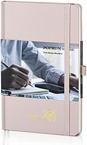 POPRUN Dotted Journal Notebook A5 Hardback Notepad, Dot Grid Notebook a5 Note Diary Pad with Pocket, Pen Holder, Tear Out Pages,120 GSM Paper, 123 Numbered Pages, Light pink