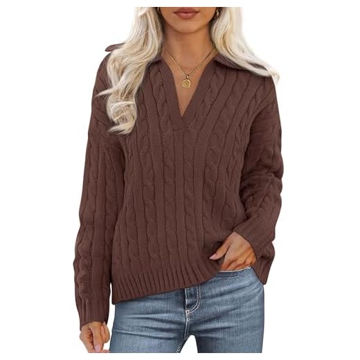PRETTYGARDEN Fall Cable Knit Oversized Sweaters for Women 2025 Polo V Neck Long Sleeve Casual Chunky Sweater Pullover Tops(Brown,Medium)