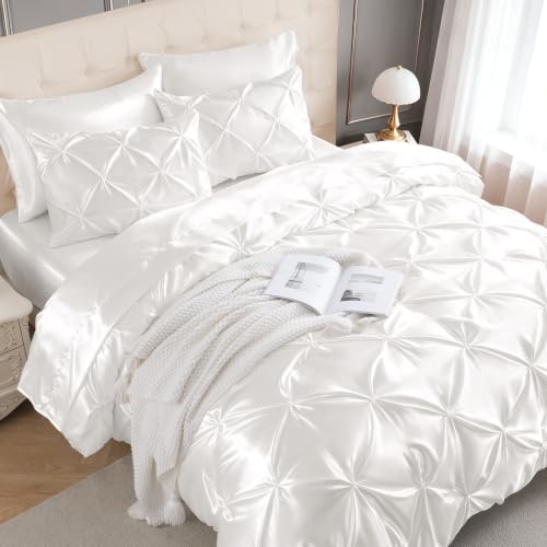 MR&HM Satin Twin XL Comforter Set Ivory, 5-Piece Pintuck Bed in A Bag