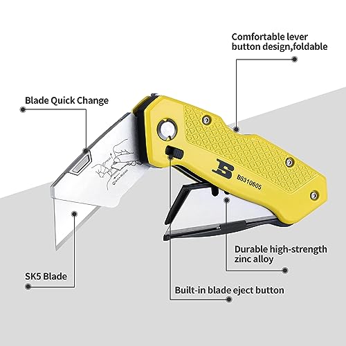 B BOSI TOOLS Folding Utility Knife,Box Cutter Retractable Foldable Heavy Duty Quick Change with 5-Piece Extra Blades