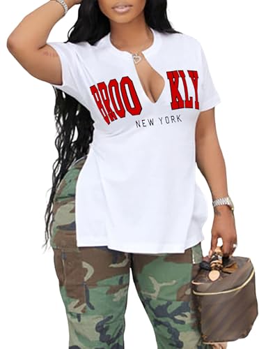 LovelyWholesale Womens Graphic Tees Sexy V Neck T Shirts Short Sleeve Side Slit Summer Tops Broonklyn White Large