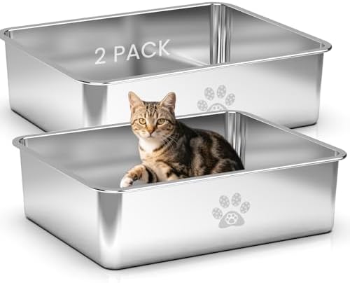 PTLOM Edelstahl Katzenklo, Katzentoilette Metall Offen, Katzenklo Groß für Katzen & Kaninchen, Geruchsfrei, Leicht zu Reinigen, Rostfrei & Antihaftbeschichtet, 60x40x20cm, 2 Stück