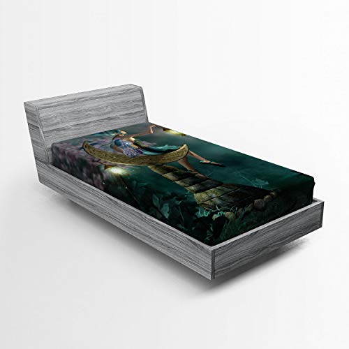 ABAKUHAUS Fantasy Fitted Sheet, Little Pixie Lantern, Soft Decorative Fabric Bedding All-round Elastic Pocket, 90 x 190 cm, Yellow Teal Lilac