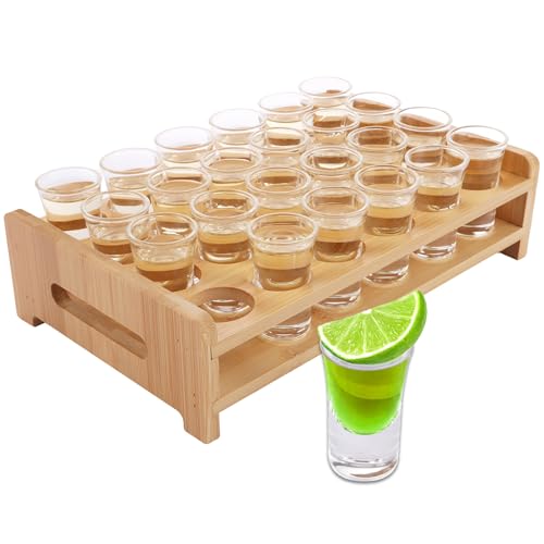 LDHHYH 24 Pack Shot Glass, 15ml/0.5oz with Shot Glasses Tray Holder Straight, Mini Clear Crystal Shot Glass with Thick Base, Shot Glasses Set for Brandy, Vodka, Whisky, Rum