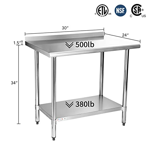 Image of STABLEINK NSF Stainless Steel Prep Table 30x24 Inches, Metal Prep & Work Table with Backsplash and Adjustable Undershelf, for Commercial Kitchen, Restaurant, Hotel, Laundry and Garage