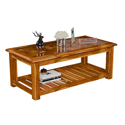 Image of Sheesham Wooden Centre Table with Storage Shelf for Living Room with Glass Top - Solid Wooden Coffee Table | Teapoy Tea Table Sofa Table & Center Table with Storage (Design 5)