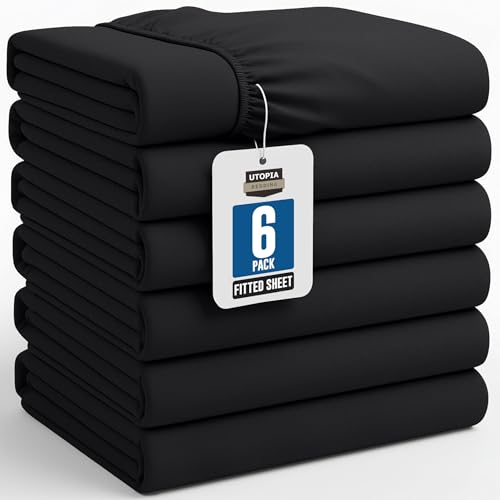 Utopia Bedding Queen Fitted Sheets - Bulk Pack of 6 Bottom Sheets - Soft Brushed Microfiber - Deep Pockets - Shrinkage & Fade Resistant - Easy Care (Black)
