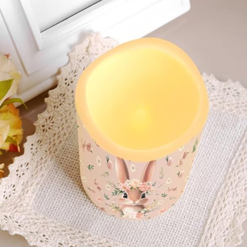 Image of Cute Bunny Pink Floral Plastic Flameless Candles with Remote Control and Timer LED Flickering Battery Operated Color Changing Electric Pillar Candles Easter Decoration