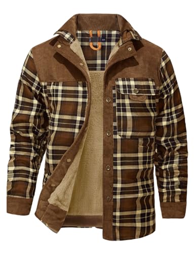 Haellun Men's Long Sleeve Sherpa Lined Shirt Jacket Flannel Plaid Fleece Coats(Brown,L)