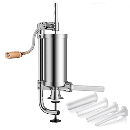 Joyeee 2.5 LB Poussoir à saucisses Manuel, Verticale Machine à Saucisse en INOX avec Manivelle Aanuelle & Pince de Table, 4 Tubes de Remplissage, Poussoir à...
