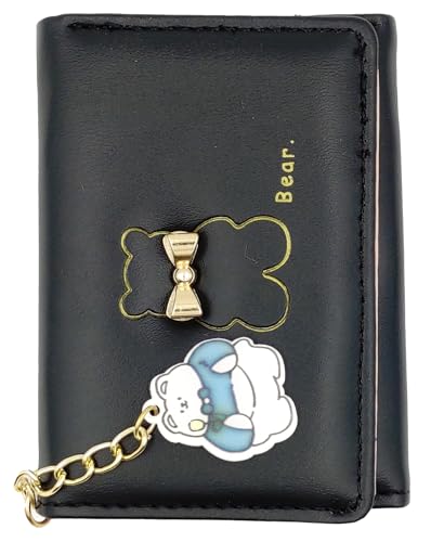 Image of Valerie Floral Small Wallet for Girls Women Tri-Folded Wallet Cash Pocket Flowers PU Leather Print Card Holder Coin Purse with ID Window (Black)