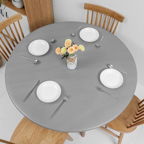 Romanstile Round Vinyl Tablecloth, 100% Waterproof Elastic Fitted Table Covers for 57"- 68" Tables, Wipeable Flannel Backed Plastic Table Cloths for Picnic, Camping, Outdoor - Light Grey by Romanstile - Image 6