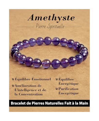 Landorilo Bracelet en Pierre Naturelle de 8 mm Fait à la Main pour Homme et Femme, Bracelets de Yoga Élastique Hautement Poli, Cadeaux de Bijoux Créatifs(Améthyste)