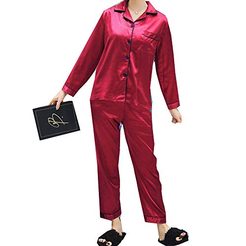 Deux pièces Femmes Pyjamas Ensembles Fausse Soie Satin à Manches Longues vêtements de Nuit Costume Femme Homewear vêtements de Salon-Vin Rouge_M Cover