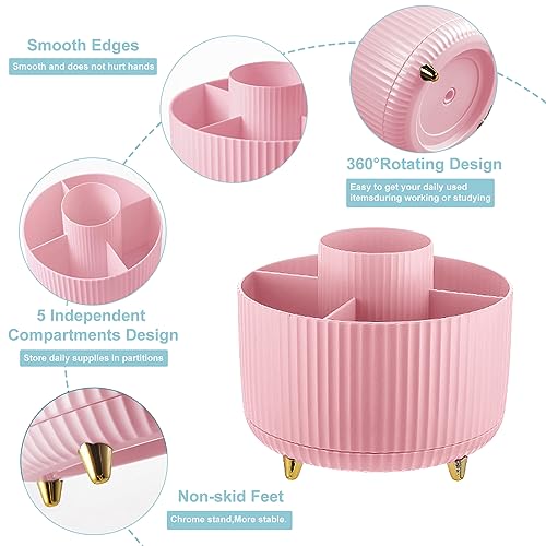 Image of Cayxenful Pencil Holder For Desk,5 Slots 360Degree Rotating Desk Organizers And Accessories,Desktop Storage Stationery Supplies Organizer, Cute Pencil Cup Pot For Office, School, Home (D-Pink)