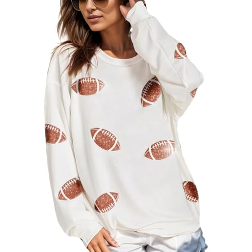 Xunger Women’s Football Print Sequin Sweatshirt Crewneck Oversized Long Sleeve Pullover Tops Gameday Sweatshirts