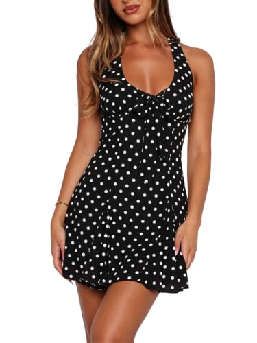 AIBUSIS Women Polka Dot Halter Dress V Neck Bow Tie Front A-Line Flowy Mini Dress Casual Summer Sleeveless Party Sundress