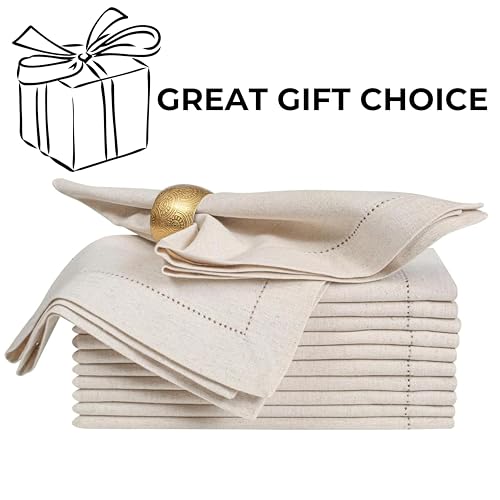 Bedding Craft Linen Flax Cotton Cloth Dinner Napkins Set of 12 – 20x20 Natural Hemstitched Fabric – Machine Washable Elegant Reusable Table Napkins for Weddings, Parties & Dining Décor