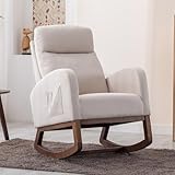 Akrenar Modern Rocking Chair, Upholstered Nursery Glider Rocker Chair for Baby, Comfy Armchair with Side Pocket, Living Room Lounge Arm Chair, High Backrest with Headrest Shape Design(Light Beige)