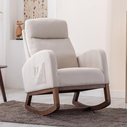 Akrenar Modern Rocking Chair, Upholstered Nursery Glider Rocker Chair for Baby, Comfy Armchair with Side Pocket, Living Room Lounge Arm Chair, High Backrest with Headrest Shape Design(Light Beige)