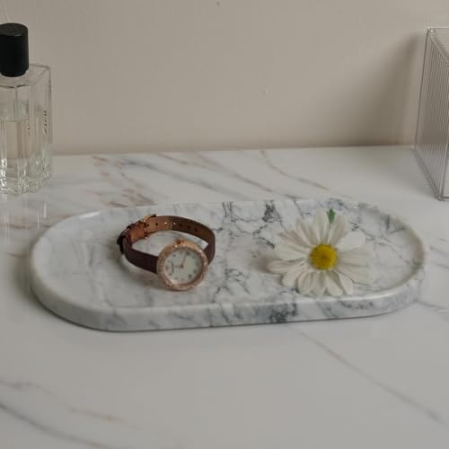 VeroBell Natural Marble Tray 9.8”x4.7”x0.6” | Hand-Polished Oval Stone Tray for Bathroom Vanity & Jewelry Display – Durable, Unique Vein Patterns (Carrara White) by VEROBELL - Image 6