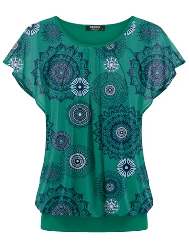 Zeagoo Damen Bluse Batwing Bluse Shirts Kurzarm Tunika Top Blumen Mesh Oberteile Rundkragen T-Shirt Bluse Bohemian Grün XXL