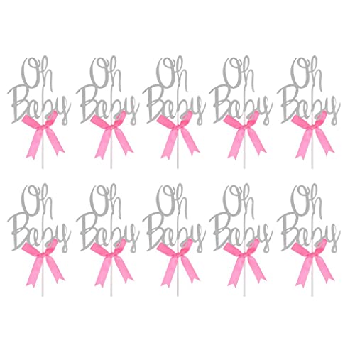 HEAVENGLOW 10pcs Glitter Oh Baby Bow Knot Cupcake Picks Cake Topper Baby Shower Silver