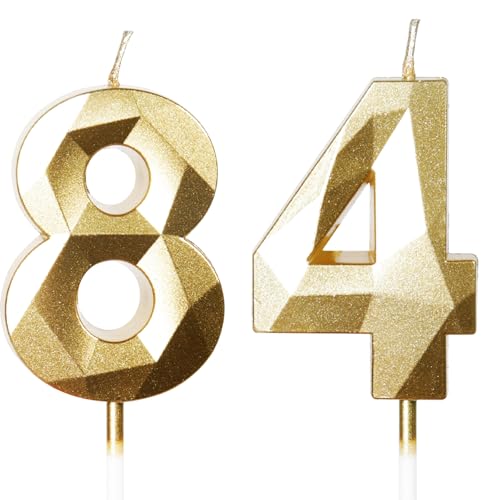 Bougies d'Anniversaire 84 Ans Dorées - Numéro 84 Or - Bougies Dorées pour Gâteau - Décoration de Fête Brillante - Anniversaire, Mariage, Fête, Cérémonie