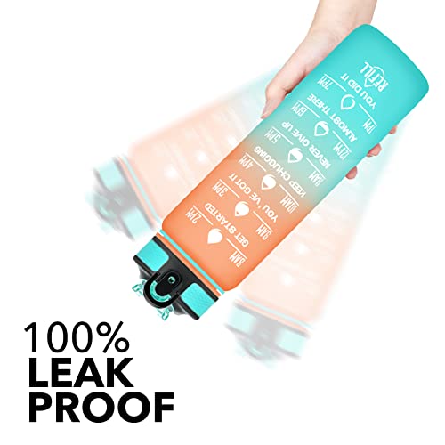 Image of HYETA 32 OZ Water Bottle with Times to Drink and Straw, Motivational Timed Marker Water Bottles with Strap, Leakproof & BPA Free, 1 Liter Reusable Sports Water Bottle for Fitness, Gym & Outdoors, Orange-Green
