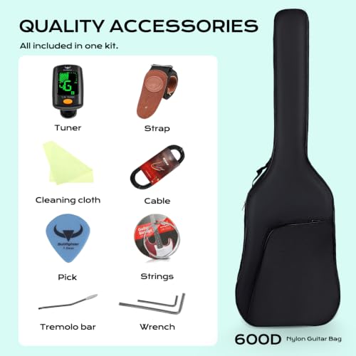 Image of Electric Guitar Beginner Kits, 6 Strings 39 Inch Solid Body Guitarra Electricar Set for Adults With Gig Bag, Strap, Tremolo Arm, Cable & Picks MS100 (Green1)