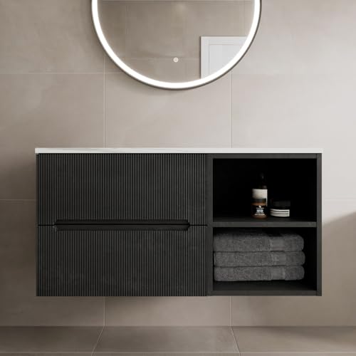 Image of Vitusso® 1000mm Bathroom Vanity Unit White Marble Countertop Wall Hung Drawer Unit with Shelves Storage Furniture Black, No Basin RH Shelves