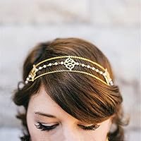 Wendalern Boho Diadema con cuentas de perlas, tocado de perlas de flores doradas, cadena de pelo con borlas de perlas, tocado de cuentas de flores Vintage, joyería para mujeres y niñas