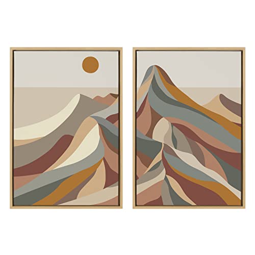 Kate And Laurel Sylvie Mid Century Modern Mountains Framed Canvas Wall Art 2 Piece Set By Rachel Lee, 23X33 Natural, Colorful Modern Abstract Landscape Wall Décor #TOP30